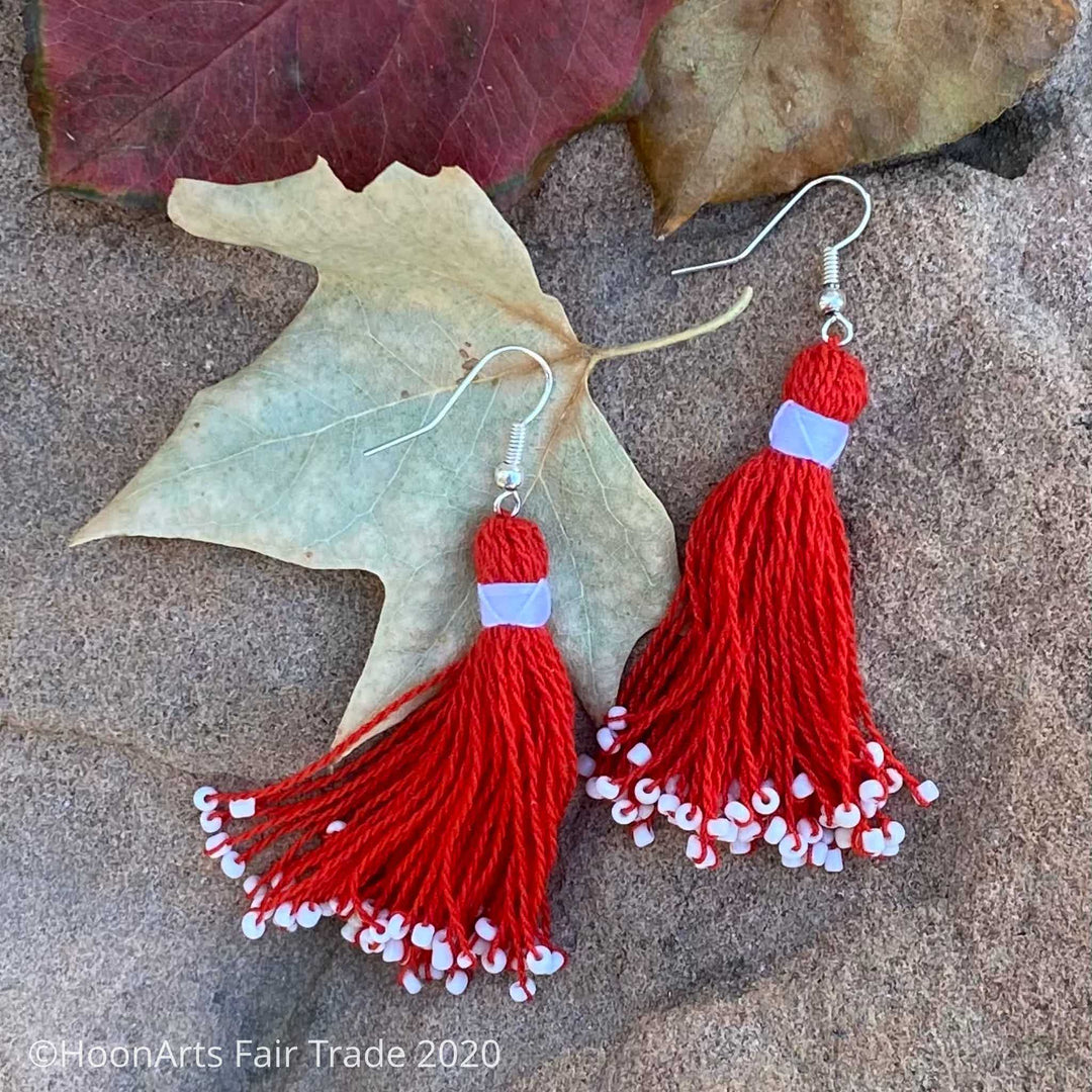 Handmade Beaded Tassel Earrings from Tajikistan Red 1