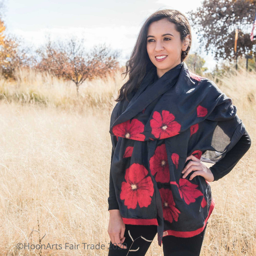 Red poppy felted silk scarf on dark grey shown on model