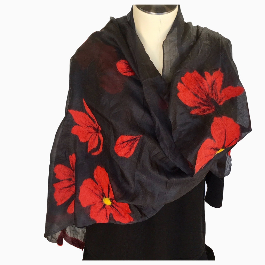 Handmade Kyrgyz felted silk scarf, red poppies on black from HoonArts