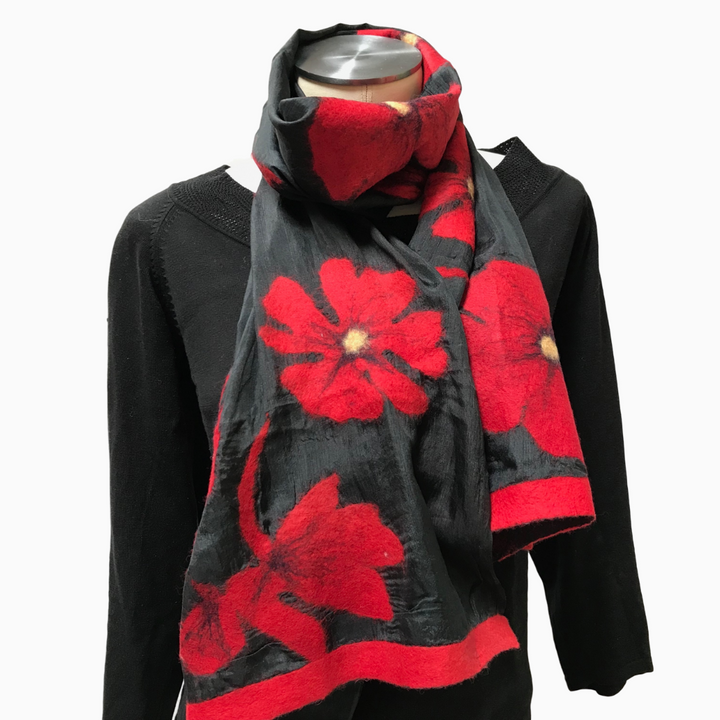 Kyrgyz Felted Red Poppies on Black Silk Scarf-Short