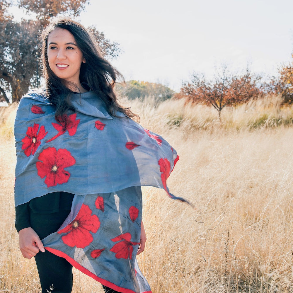 Red Poppy Felted Silk Scarf from Kygystan