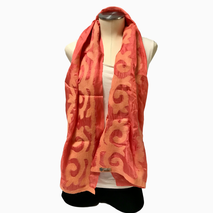 Handmade Coral Felted Silk Scarf with Tribal Patterns from Kyrgyzstan