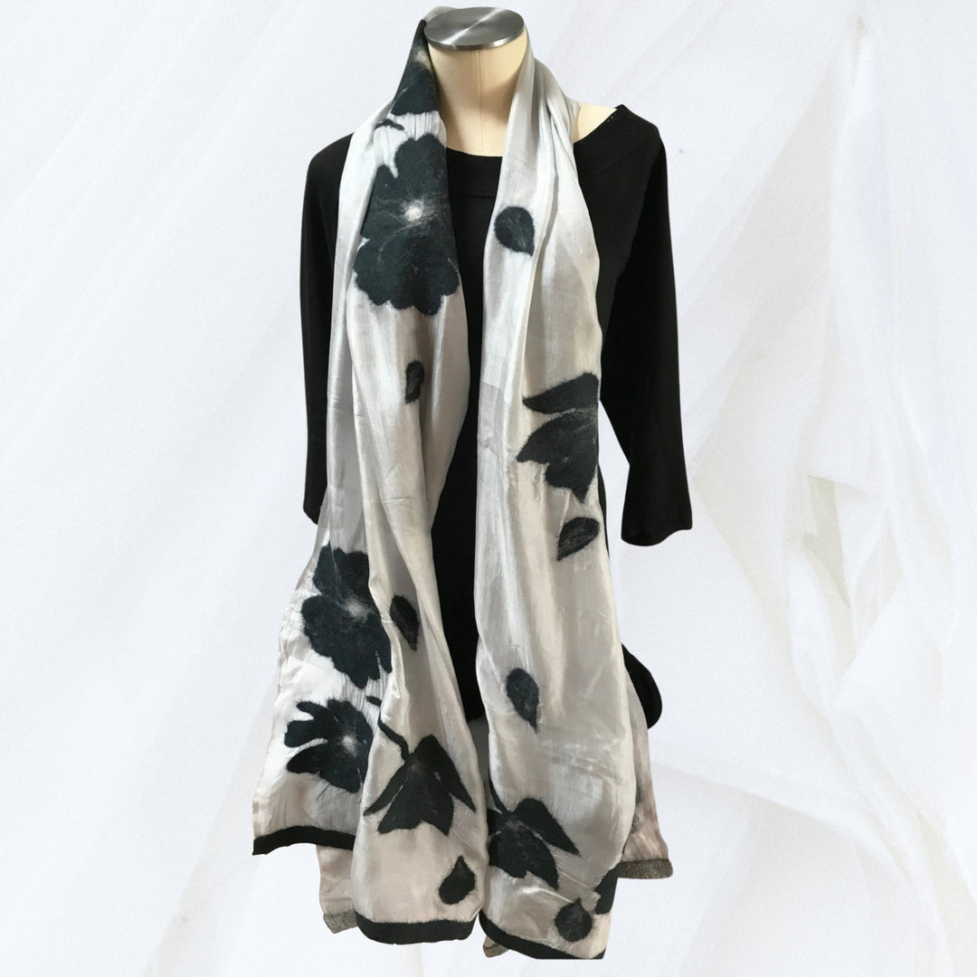 Silk and Felted Scarf, Black Poppies on White Silk - Handmade in Kyrgyzstan