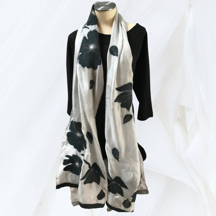 Silk and Felted Scarf, Black Poppies on White Silk - Handmade in Kyrgyzstan