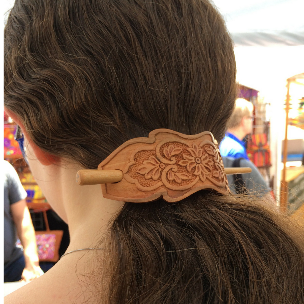 Hand Carved Ornamental Wooden Barrettes Hair Stick - Walnut- Fair Trade - HoonArts - 4
