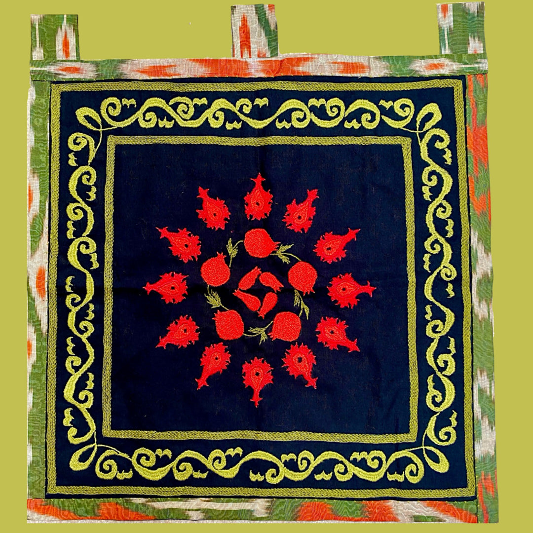 Suzani Hand Embroidered Decorative Tapestry "Anor" (Pomegranate) - Black and Red-Fair Trade
