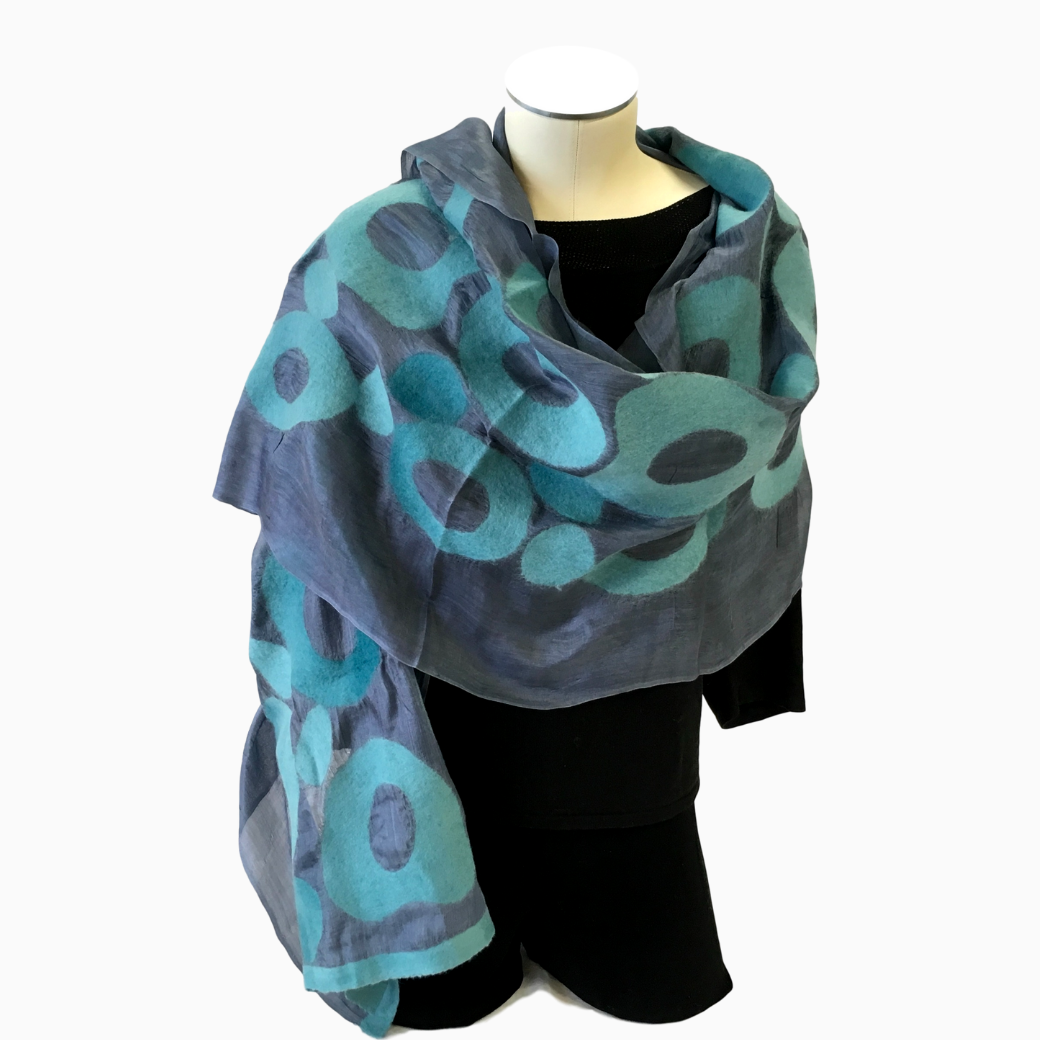 Kyrgyz Hand-felted Silk Scarf/Shawl, Teal Circles on Grey
