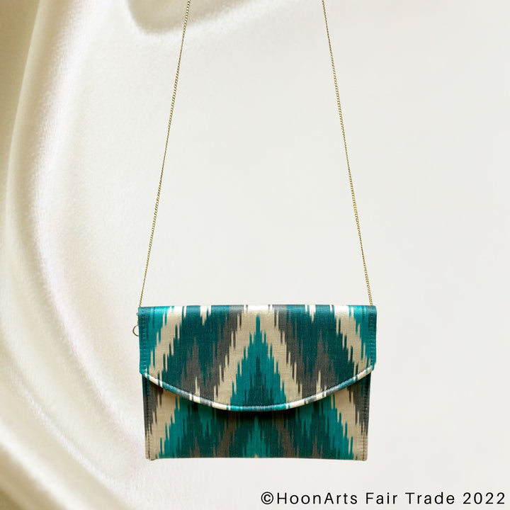 Turquoise & Grey Arrow Ikat Clutch chain sling