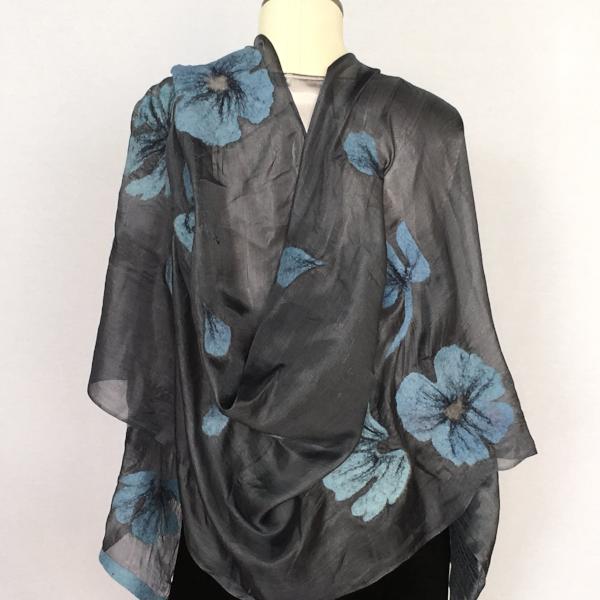 Silk and Felted Scarf, Turquoise Poppies on Grey