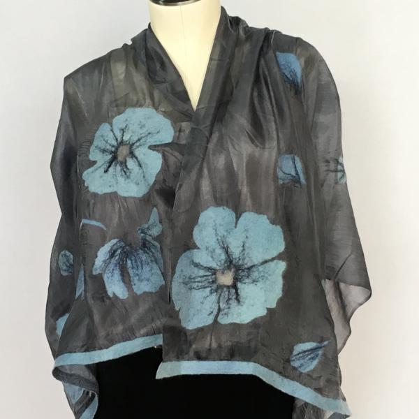 Silk and Felted Scarf, Turquoise Poppies on Grey