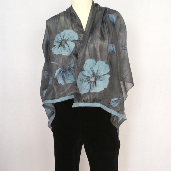 Silk and Felted Scarf, Turquoise Poppies on Grey