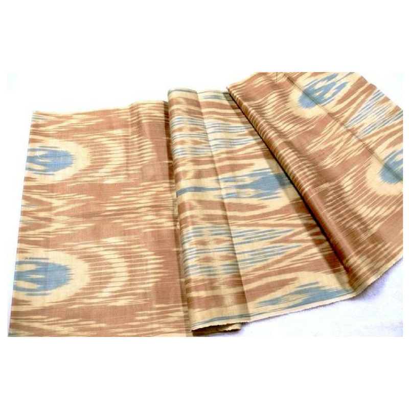 Hand woven, Hand Dyed, Ikat Fabric Tan, Beige & Blue - HoonArts