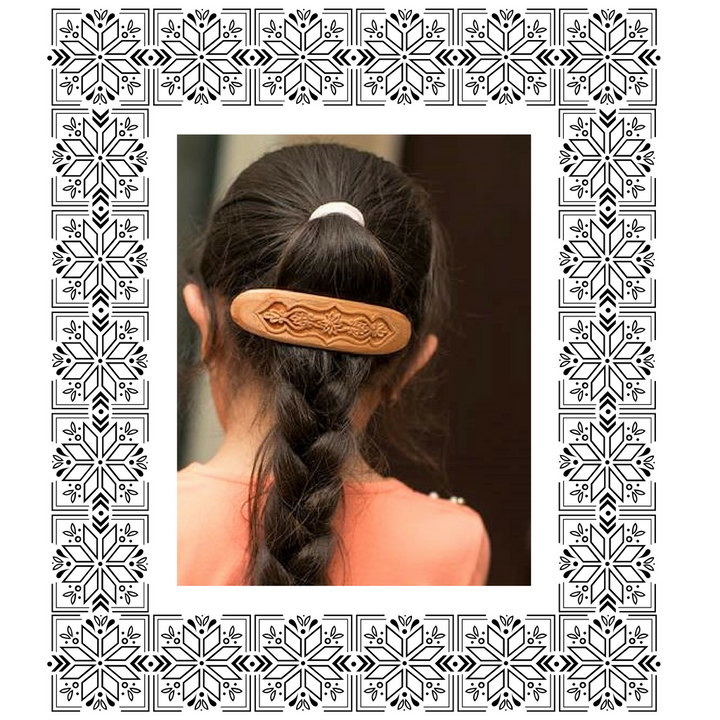 Hand Carved Ornamental Wooden Barrettes, Clip-Walnut & Apricot - Fair Trade