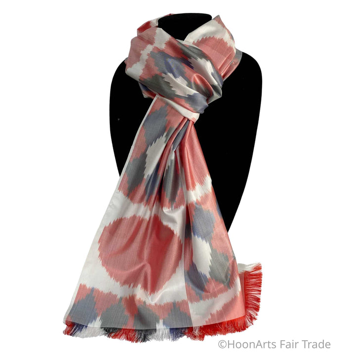 Uzbek Ikat 100% Handwoven Silk Scarf-Red, White, Black