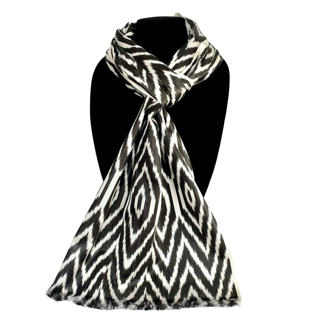 Ikat Silk Scarf-Cotton/Silk Blend-Black & White Geometric Pattern