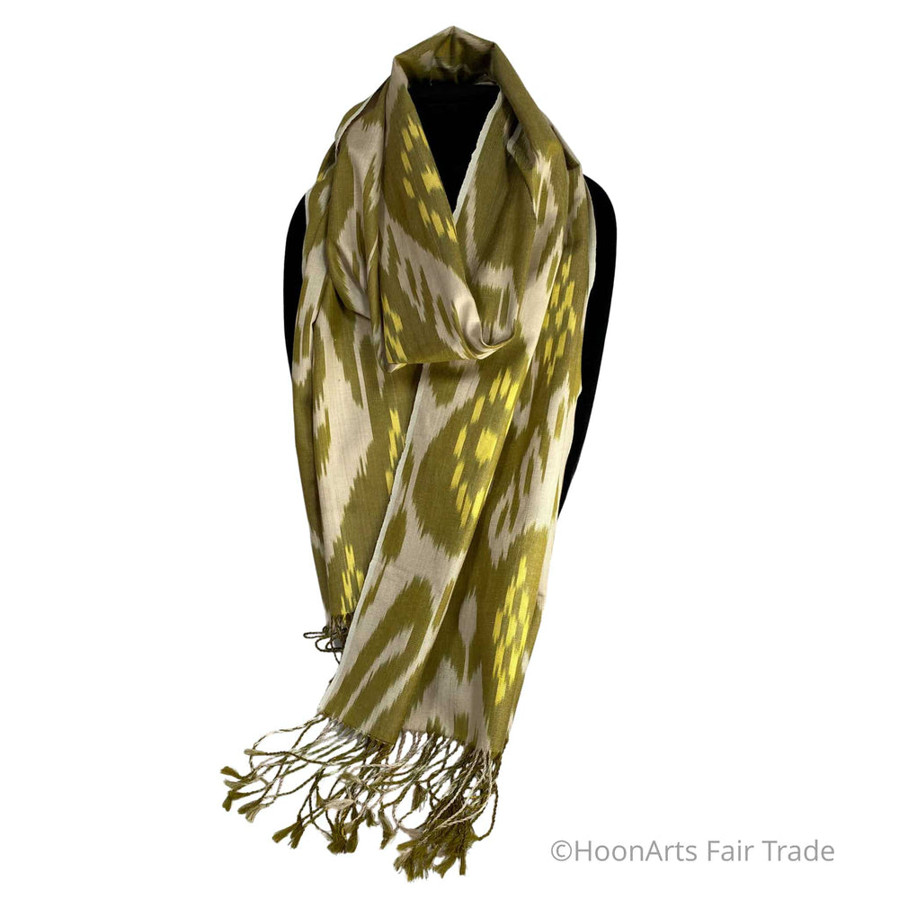Handwoven Uzbek Ikat Silk Scarf-Green, Yellow, Cream