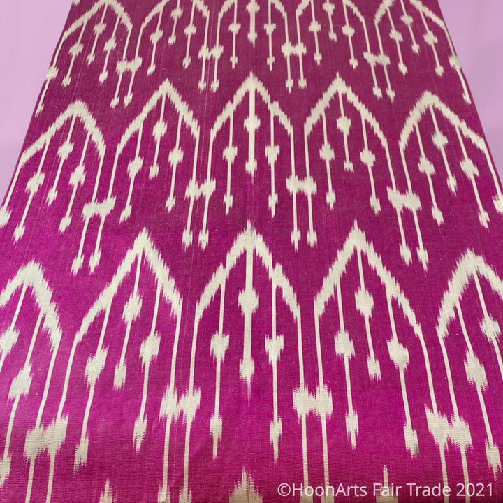 Handwoven Silk Ikat Infinity Scarf from Uzbekistan-White Pattern on Hot Pink