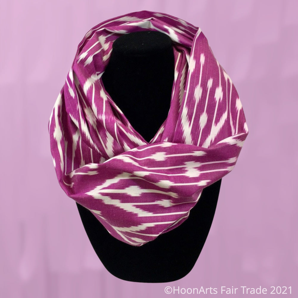 Uzbek Handwoven Silk Ikat Infinity Scarf-Cotton/Silk Blend-Hot Pink & White