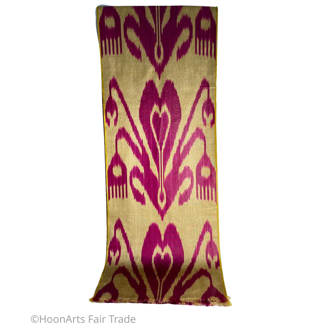 Uzbek Ikat Silk Scarf-Cotton/Silk Blend-Pink on Gold
