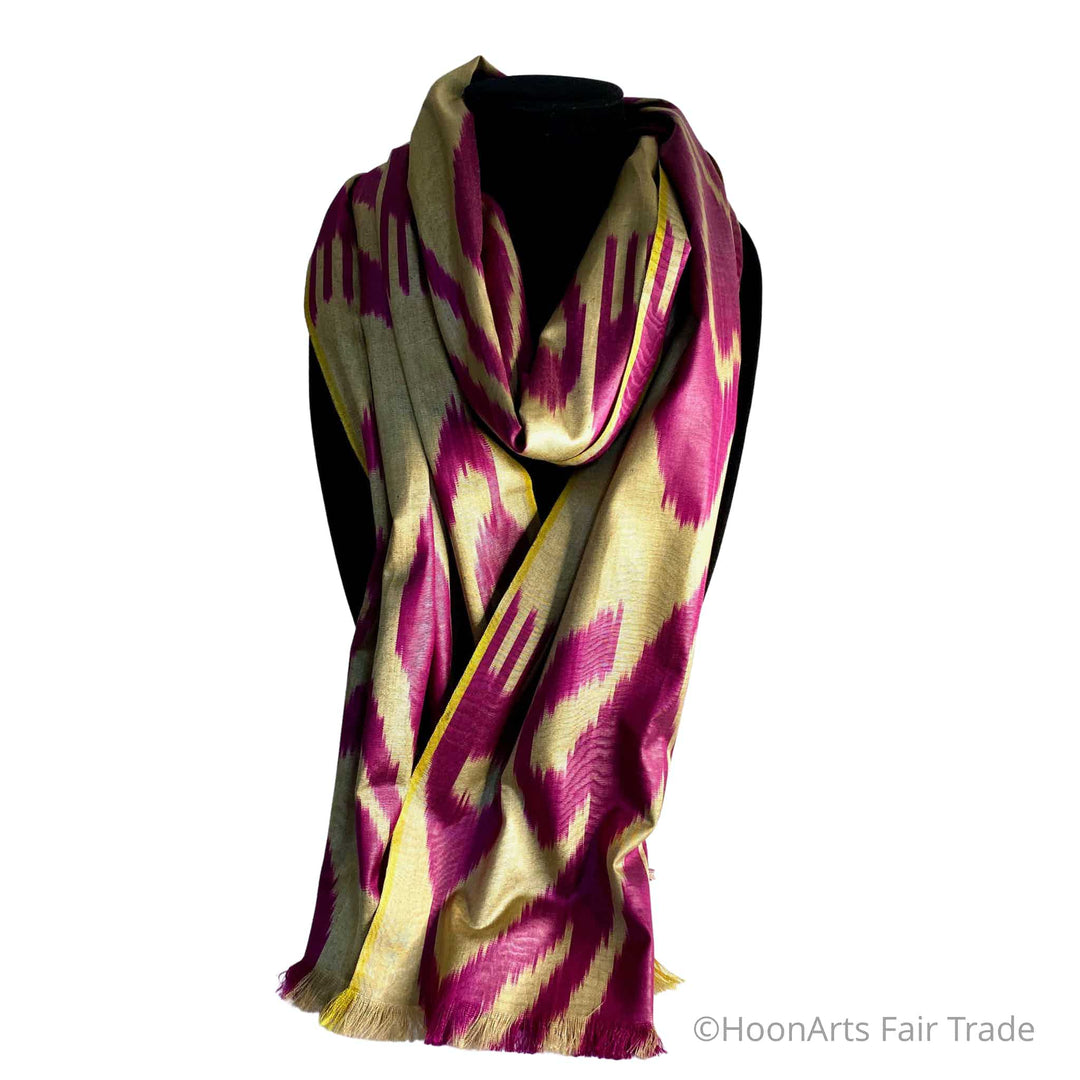 Uzbek Ikat Silk Scarf-Cotton/Silk Blend-Pink on Gold