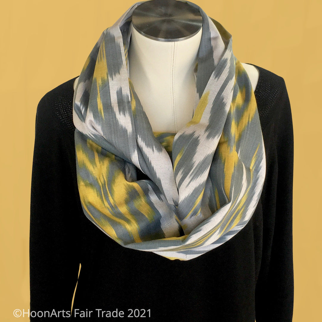Grey and Yellow Ikat Infinity Scarf from Uzbekistan-Silk Ikat | HoonArts