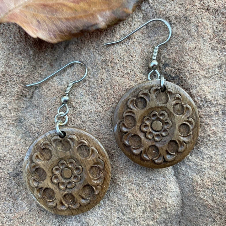 Hand Carved Wooden Earrings-Round