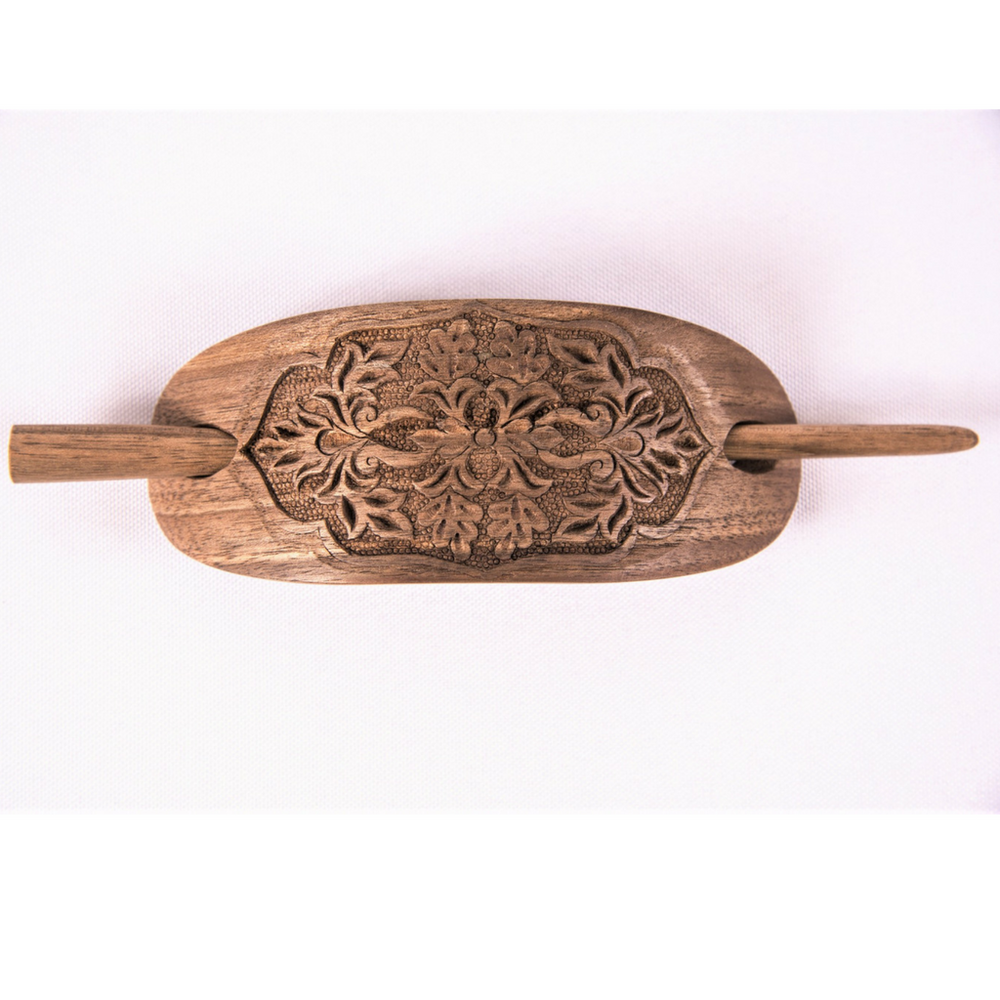 Hand Carved Ornamental Wooden Barrettes Hair Stick - Walnut- Fair Trade - HoonArts - 2