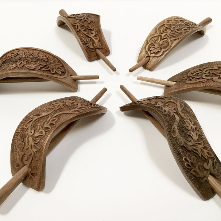 Hand Carved Ornamental Wooden Barrettes Hair Stick - Walnut- Fair Trade - HoonArts - 6