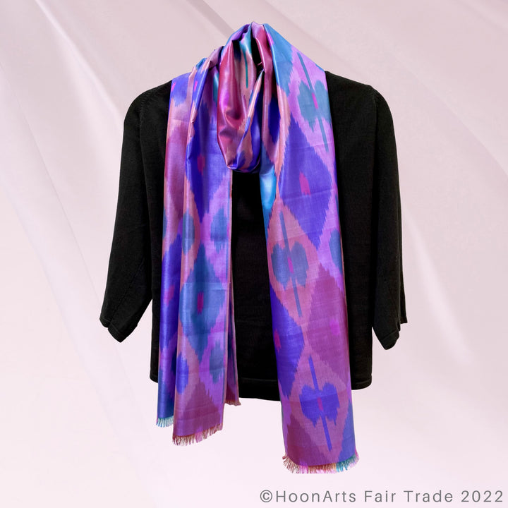 All Silk Purple Diamonds Ikat Scarf Warm Accent hanging around neck with blouse