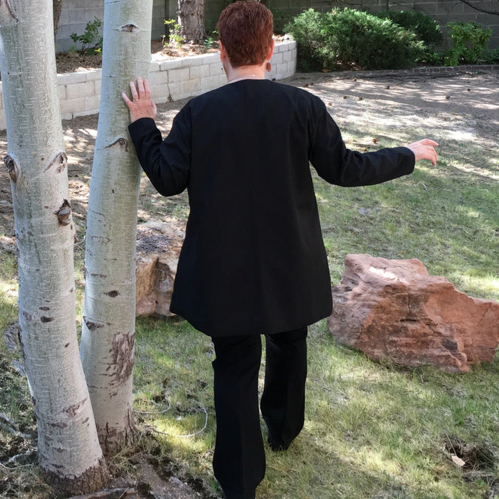 Back View of Black A-Line Cardigan Jacket, with No Embroidery