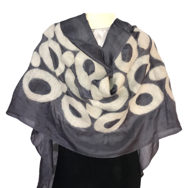 Hand-felted Silk Scarf/Shawl, White Circles on Grey