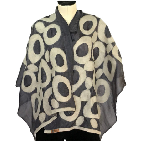 Hand-felted Silk Scarf/Shawl, White Circles on Grey