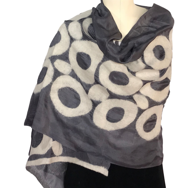 Hand-felted Silk Scarf/Shawl, White Circles on Grey