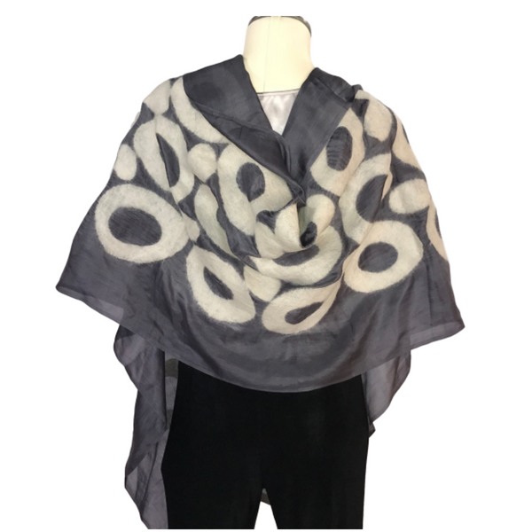 Hand-felted Silk Scarf/Shawl, White Circles on Grey