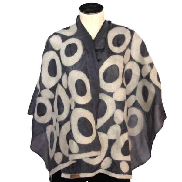 Hand-felted Silk Scarf/Shawl, White Circles on Grey