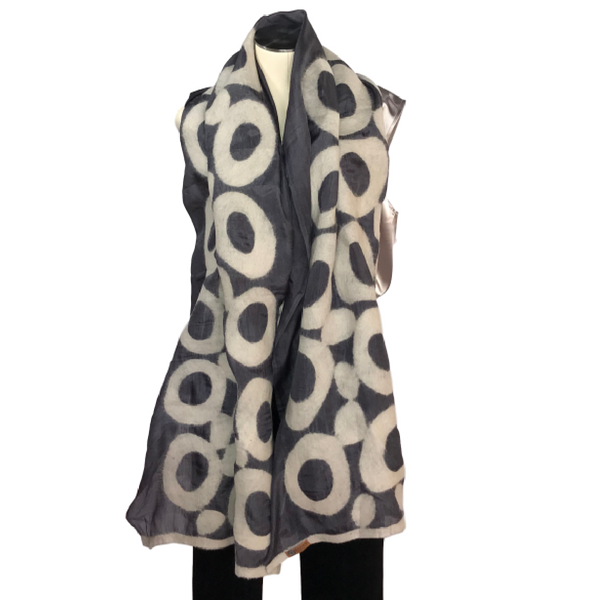 Hand-felted Silk Scarf/Shawl, White Circles on Grey