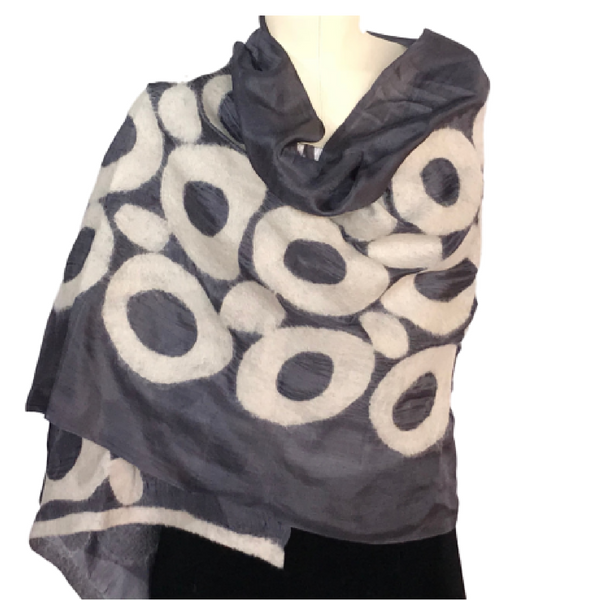 Hand-felted Silk Scarf/Shawl, White Circles on Grey
