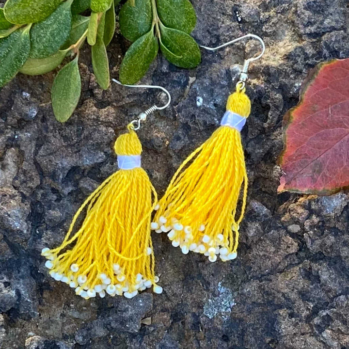 Handmade Beaded Tassel Earrings from Tajikistan Yellow 1
