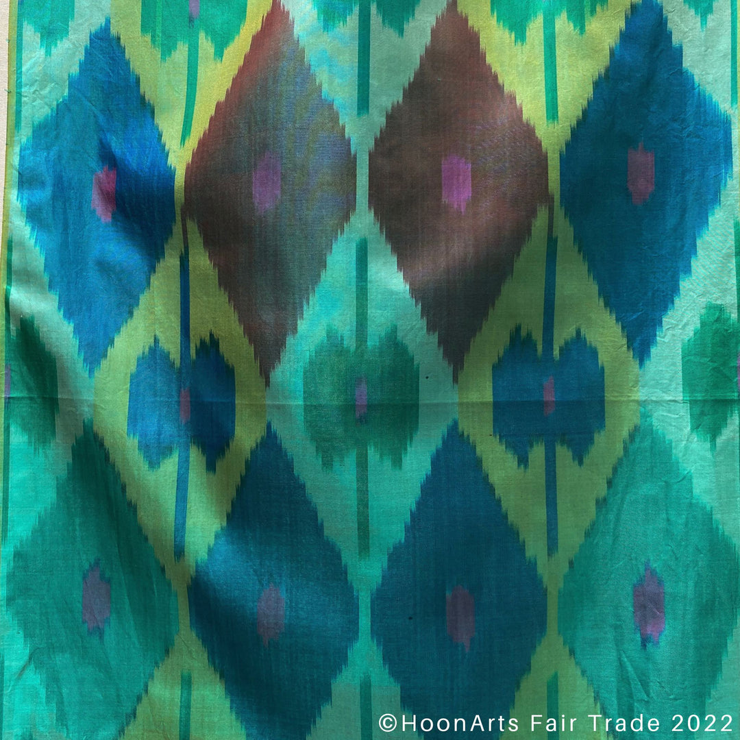 Green Diamonds All Silk Ikat Scarf closeup pattern