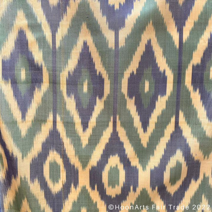 Blue, Green & Golden Diamonds Silk Ikat Scarf closeup pattern