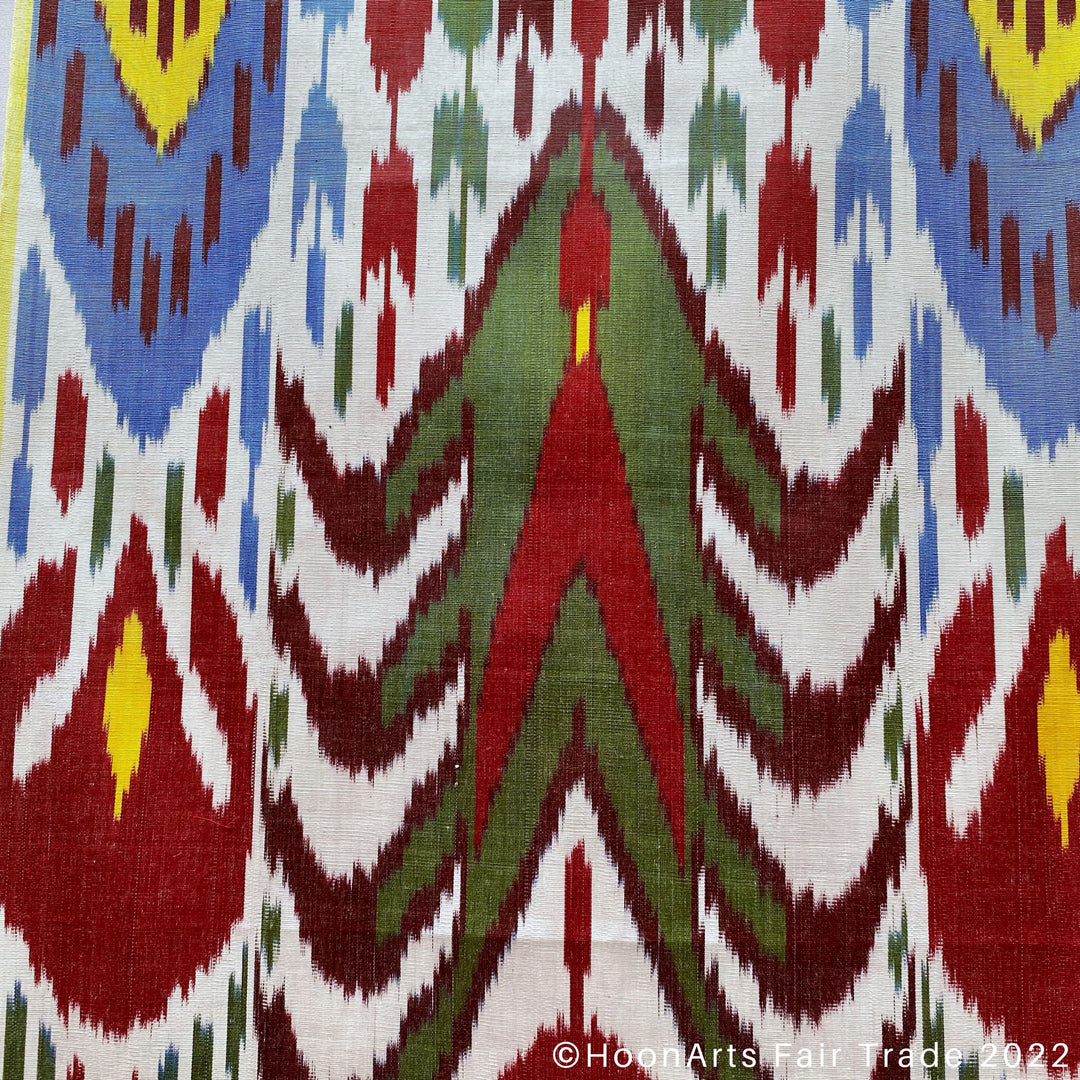 Red, Blue, Yellow and Green Ikat Scarf closeup pattern