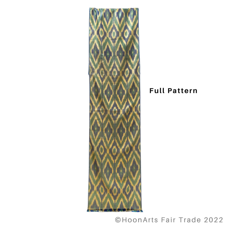 Blue, Green & Golden Diamonds Silk Ikat Scarf full pattern
