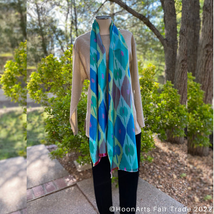 Green Diamonds All Silk Ikat Scarf hanging around neck mannequin