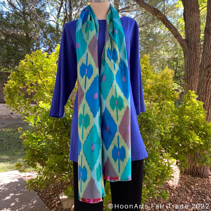 Green Diamonds All Silk Ikat Scarf hanging around neck mannequin 2