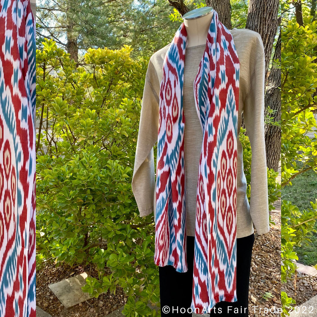 Red Blue & White Ikat Scarf hanging on neck mannequin