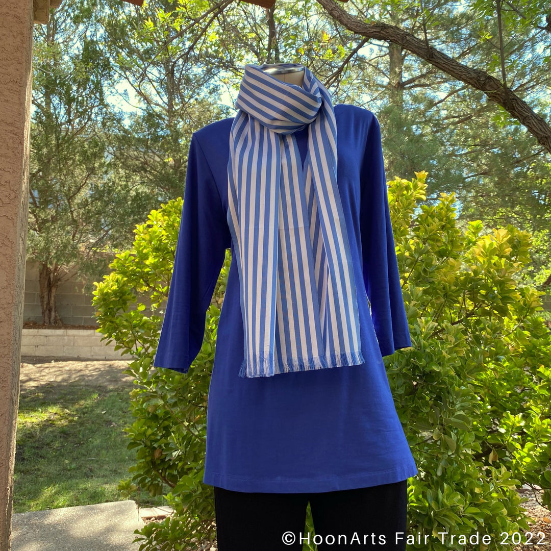 Blue & White Striped Ikat Scarf knot around neck mannequin
