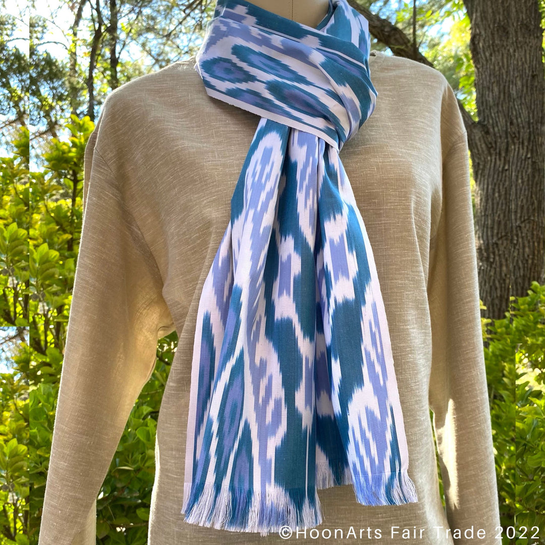 Blue, White & Teal Ikat Scarf knot around neck mannequin
