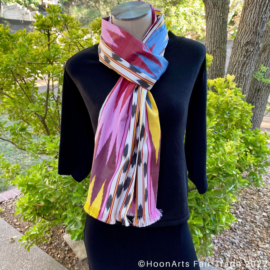 Multicolor Ribbon Pattern Ikat Scarf knot on neck mannequin 