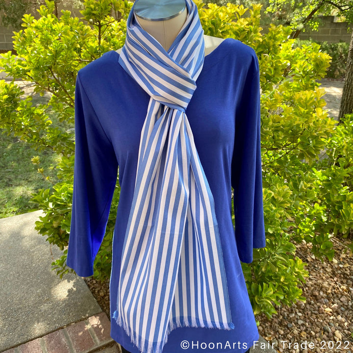 Blue & White Striped Ikat Scarf mannequin knot around neck