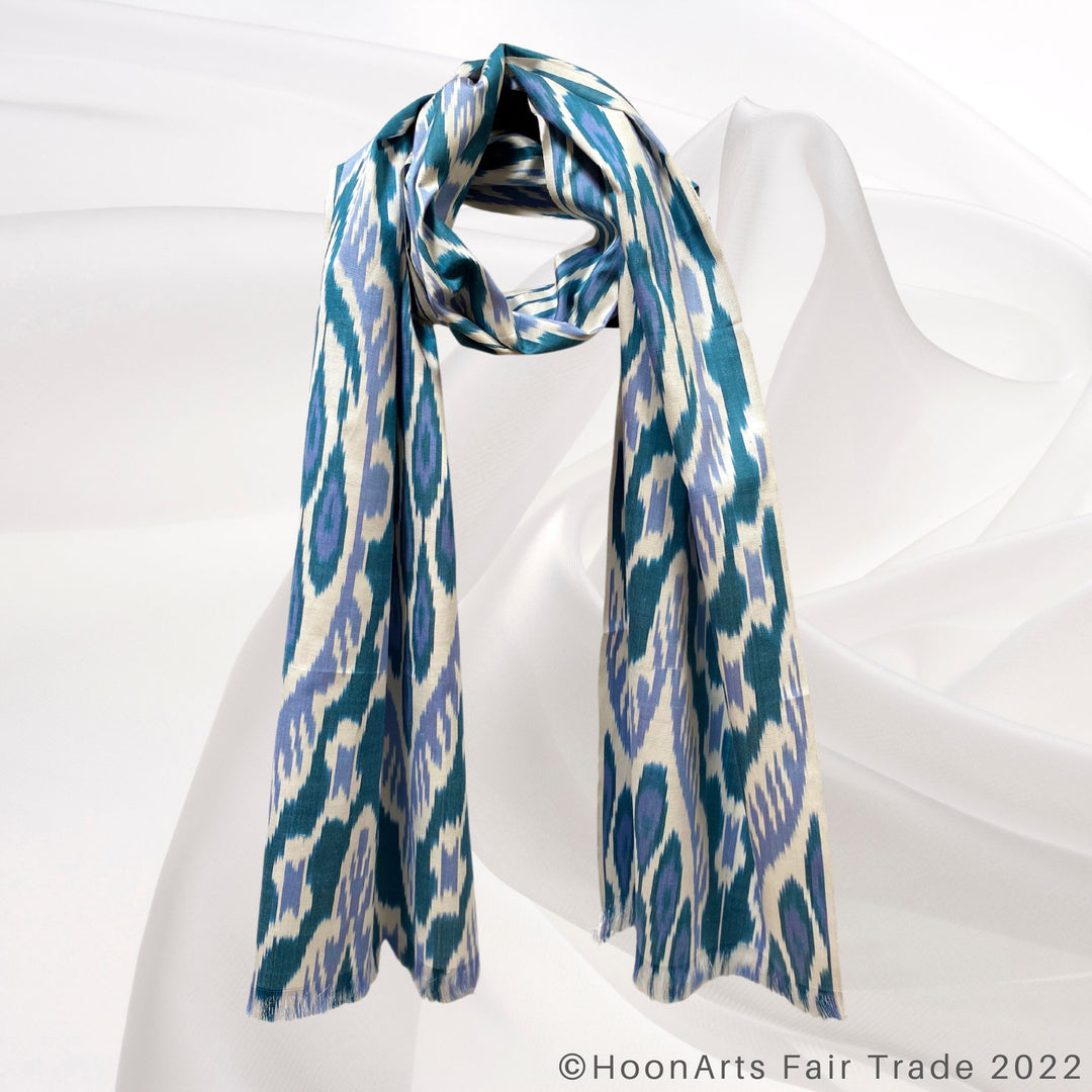 Blue, White & Teal Ikat Scarf wrap around neck